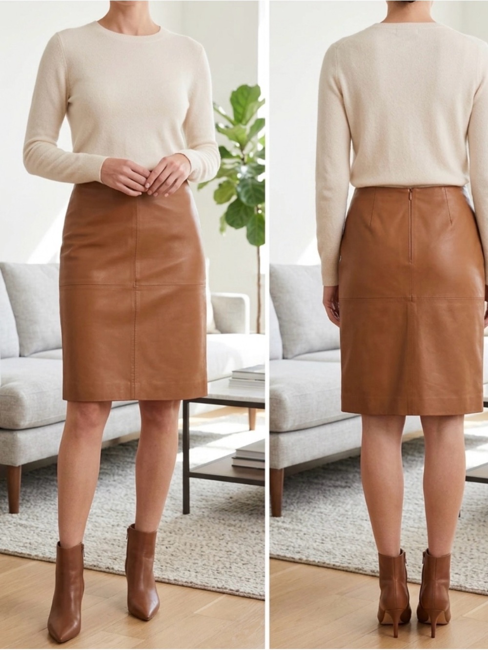 Vintage Donna Karan New York Brown Leather Skirt Size 10